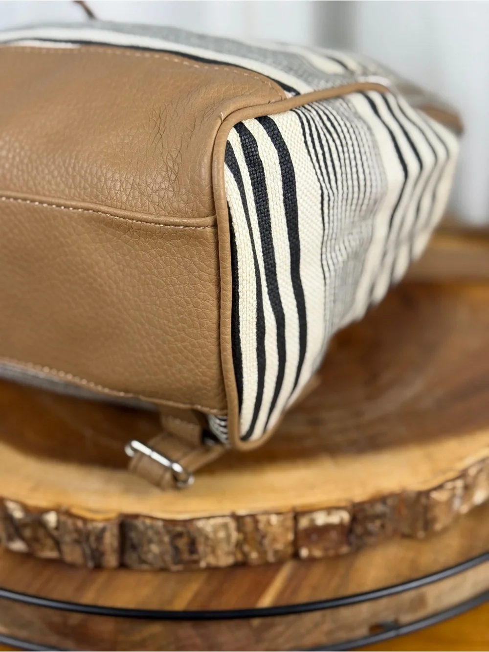 Relic Striped Black & Cream Canvas Backpack Purse with Tan Trim - EUC